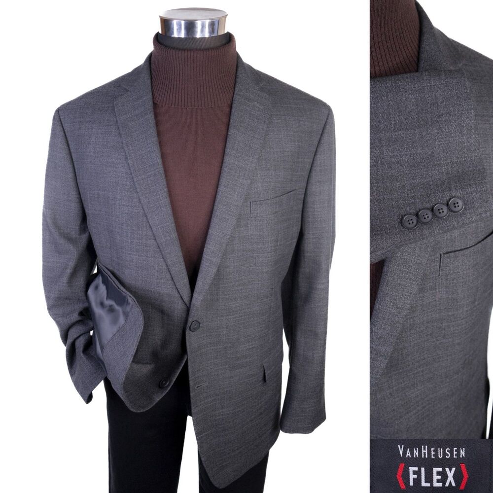 Van Heusen Flex Blazer Sport Coat Sz 46R Poly Blend Gray Two Button Jacket